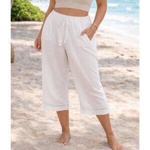 Joie White 100% Linen Wide Leg Cropped Pants Sz L Beach Resort Cottagecore